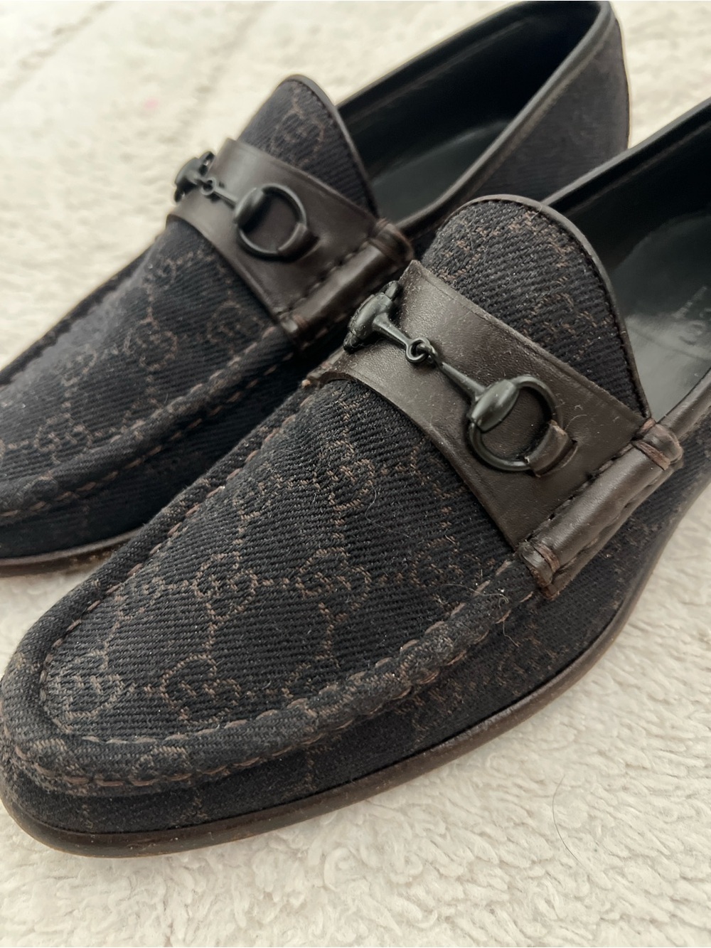Vintage Gucci Women’s Horsebit Canvas GG Loafers in Dark Brown